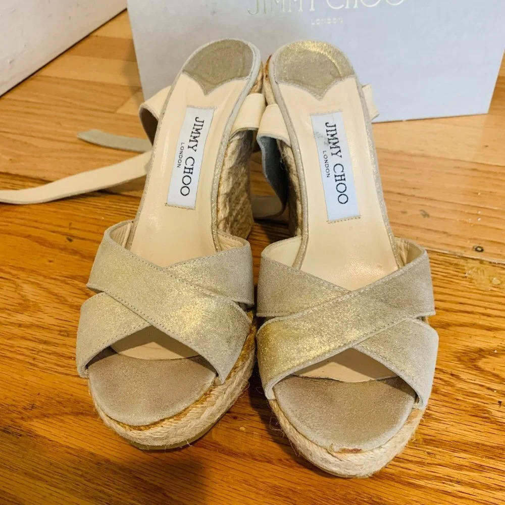 Jimmy Choo Espadrille Wedge Nude Beige Size 8.5 - Picture 16 of 16